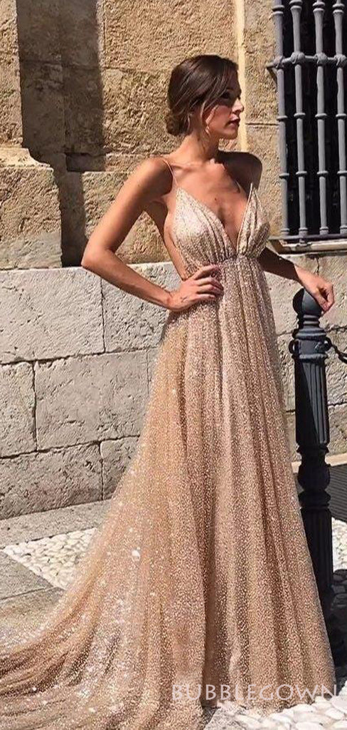 Deep V Neck Gold Sequin Long Evening Prom Dresses, Spaghetti Straps A-line Sparkly Custom Prom Dresses, MR8287