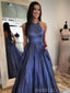 Navy Blue Sparkly Long Evening Prom Dresses, A-line Halter Custom Prom Dresses, MR8288