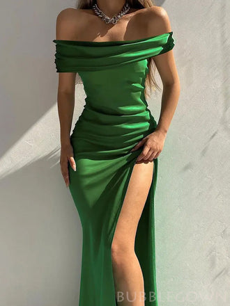 Simple Off Shoulder Green Satin Sheath Long Satin Evening Prom Dresses, Custom Mermaid Prom Dresses, MR8303