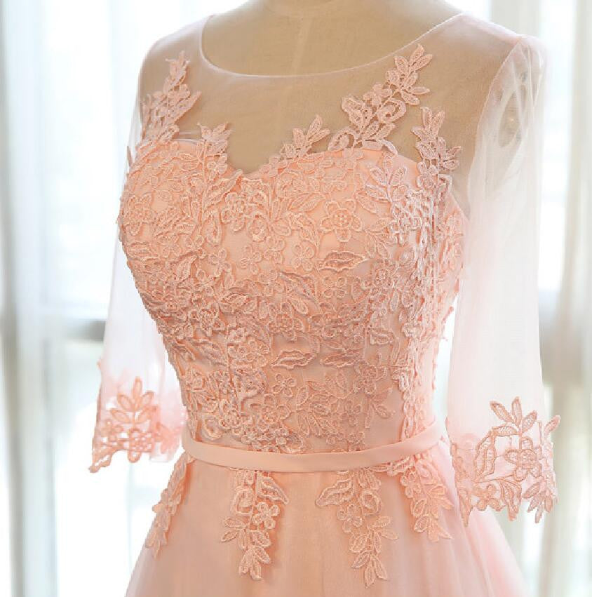 Applique Peach Half Sleeves Elegant Tulle Long Prom Dresses, BG51484 - Bubble Gown