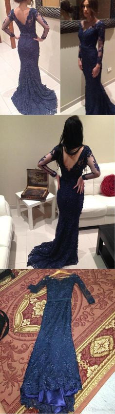 Elegant Navy V-neck Mermaid Long Sleeves Lace Prom Dresses, BG51152 - Bubble Gown