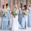 Sky Blue Cap Sleeve Mermaid Side Split Long Bridesmaid Dresses  BMD025