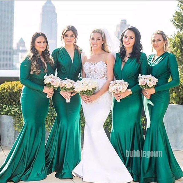 Long Sleeves Mermaid V Neck Long Bridesmaid Dresses GDW110