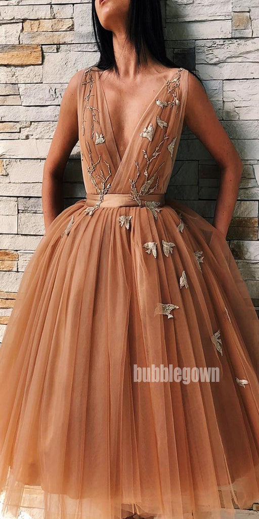 Tulle V Neck Applique Short Homecoming Dresses DSA118