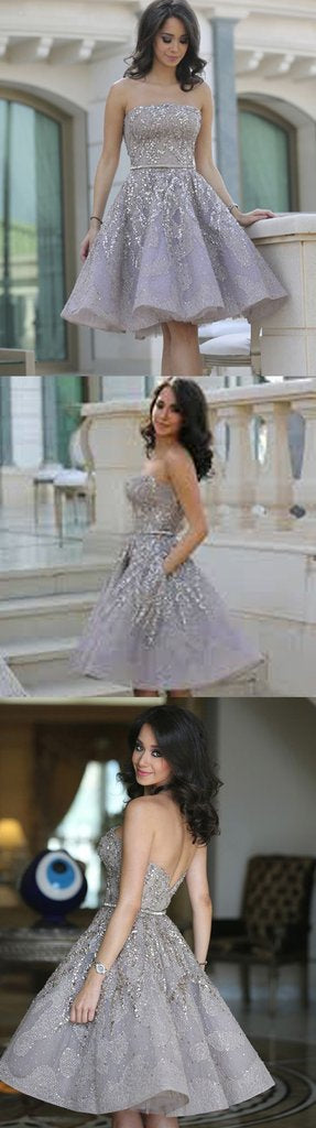 Grey strapless Gorgeous Straight Neck A-line homecoming prom gown dress, BH126