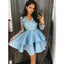Blue Lace Satin Long Sleeves Cute Short Homecoming Dresses, BH120