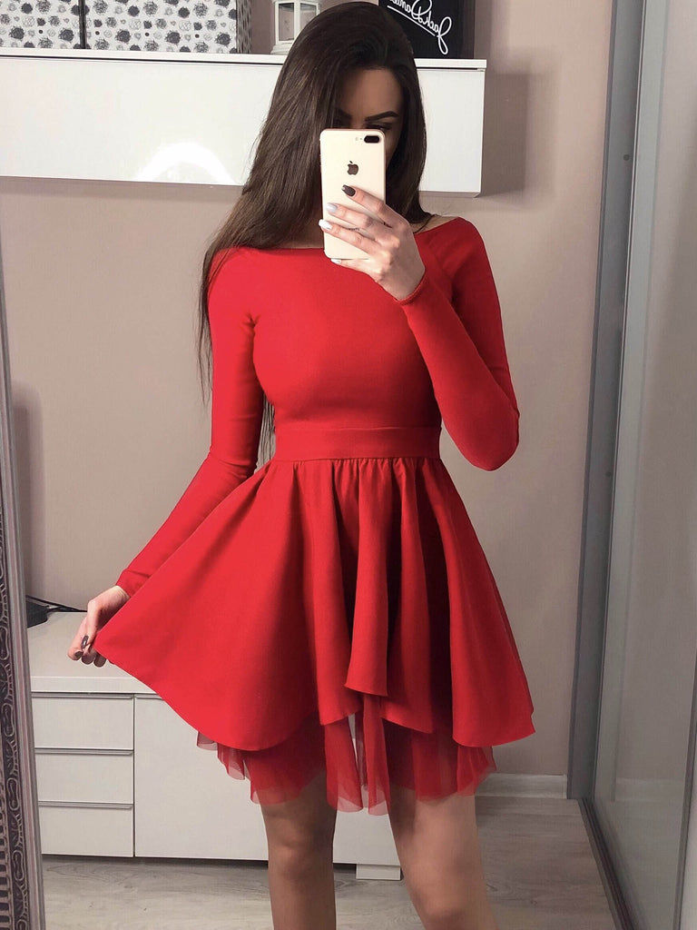 Red Long Sleeves Lovely Popular Cheap Short Homecoming Dresses, BH124