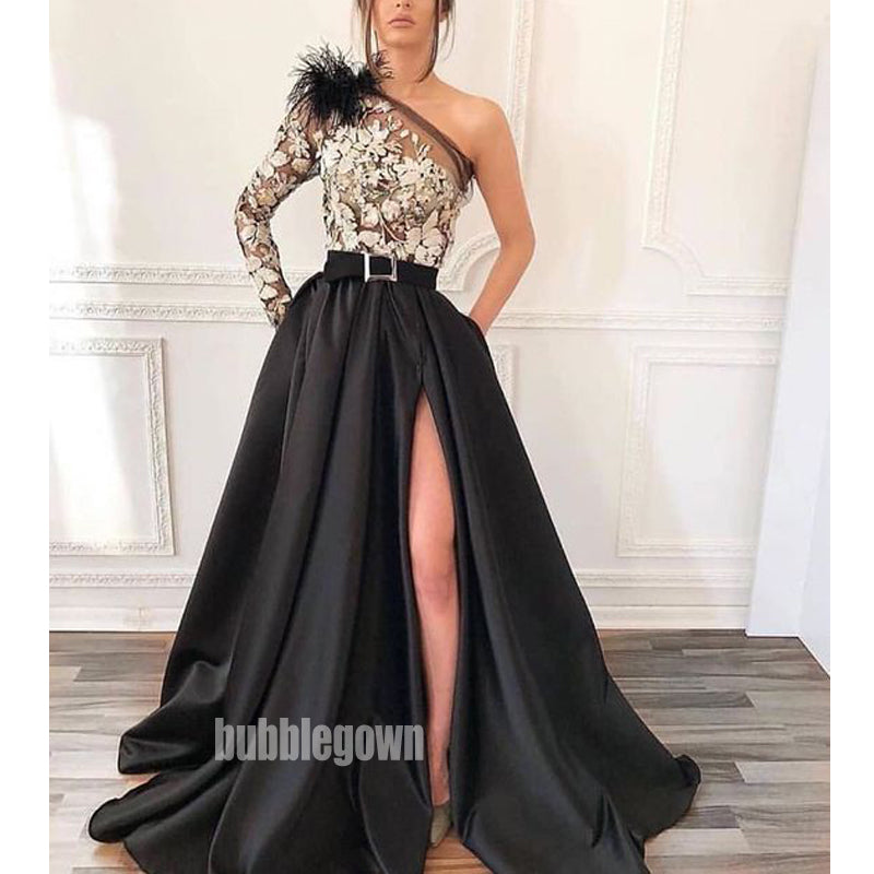 Unique Applique One Shoulder Split Side Black Prom Dresses FP1174