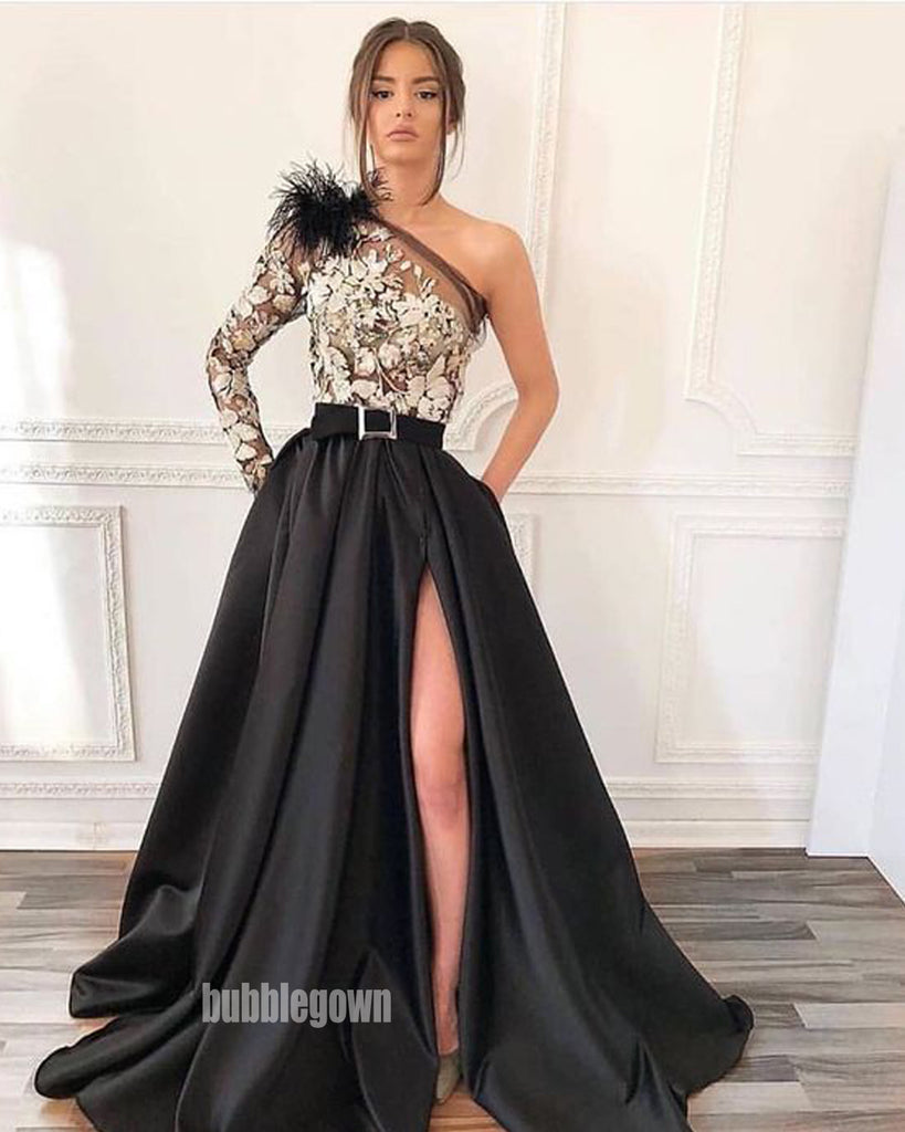 Unique Applique One Shoulder Split Side Black Prom Dresses FP1174