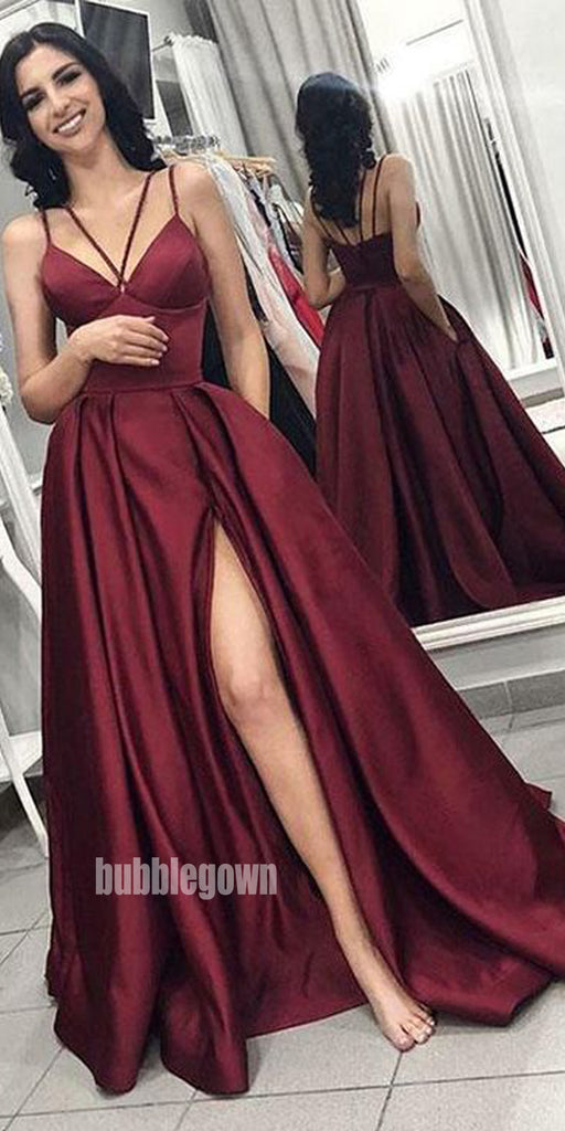 Elegant Burgundy V-neck Split Side Long Prom Dresses FP1176