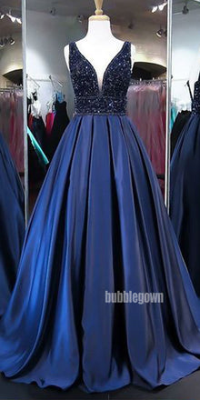 Elegant Dark Blue V-neck Beads Party Prom Dresses FP1182