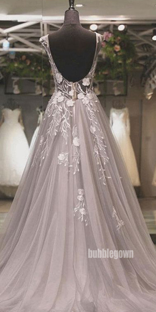 Grey Jewel Neck Cap Sleeves A-line Prom Dress FP1192