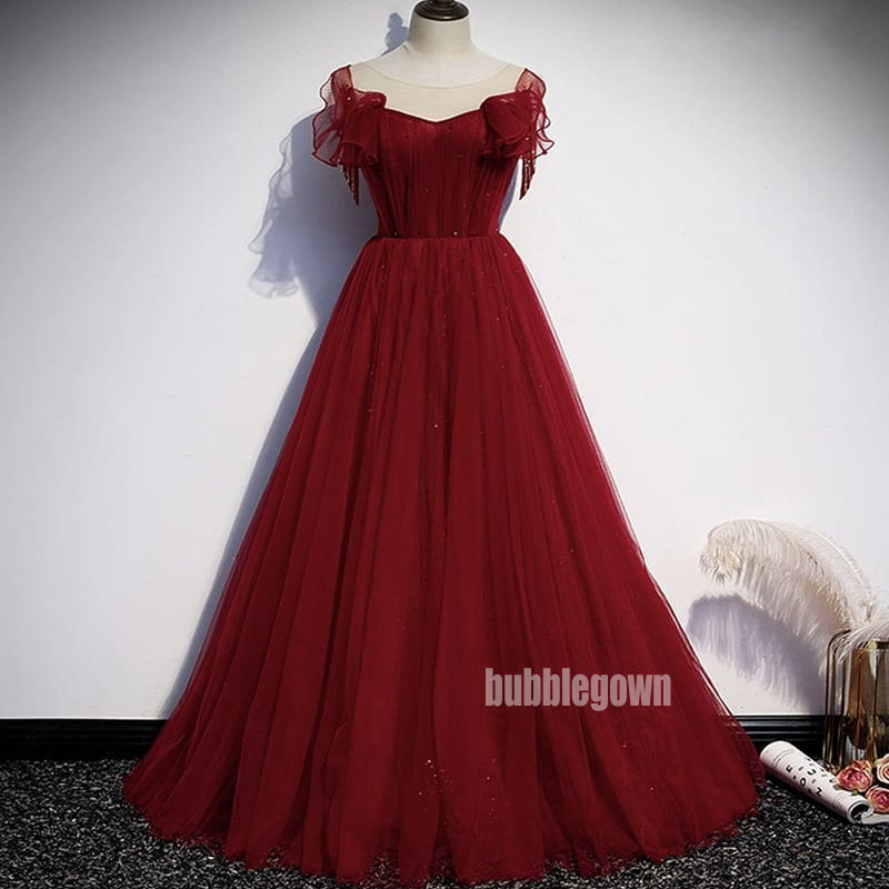 Elegant Red A-line Sleeveless Tulle Prom Dress  FP1195