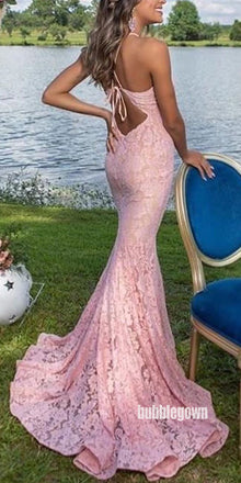 Elegant Pink Halter Lace Mermaid Long Prom Dress  FP1206
