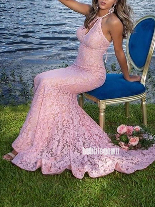 Elegant Pink Halter Lace Mermaid Long Prom Dress  FP1206