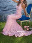 Elegant Pink Halter Lace Mermaid Long Prom Dress  FP1206