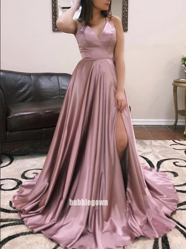 Elegant V-neck Side Split Stain Long Prom Dresses FP1207