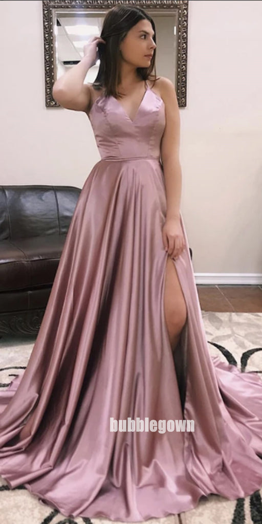 Elegant V-neck Side Split Stain Long Prom Dresses FP1207