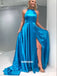 Elegant Blue Halter Side Split Stain Long Prom Dresses FP1211