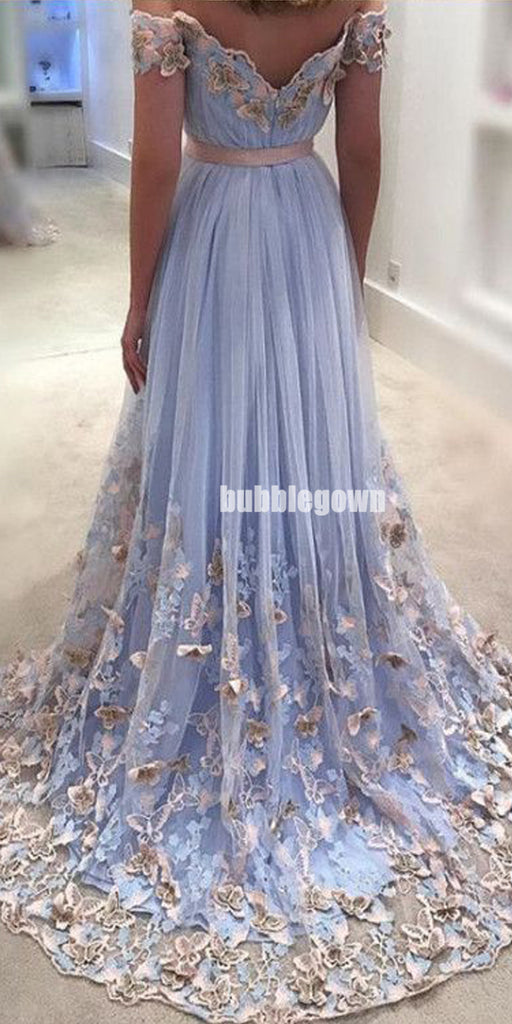 Elegant Off Shoulder Applique Tulle Prom Dresses FP1213