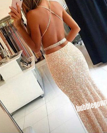 Charming Spaghetti Straps Sequins Mermaid Long Prom Dresses FP1216