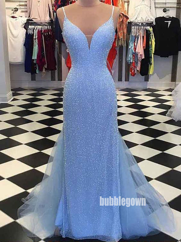 Elegant Blue Spaghetti Straps Tulle Long Prom Dresses FP1218