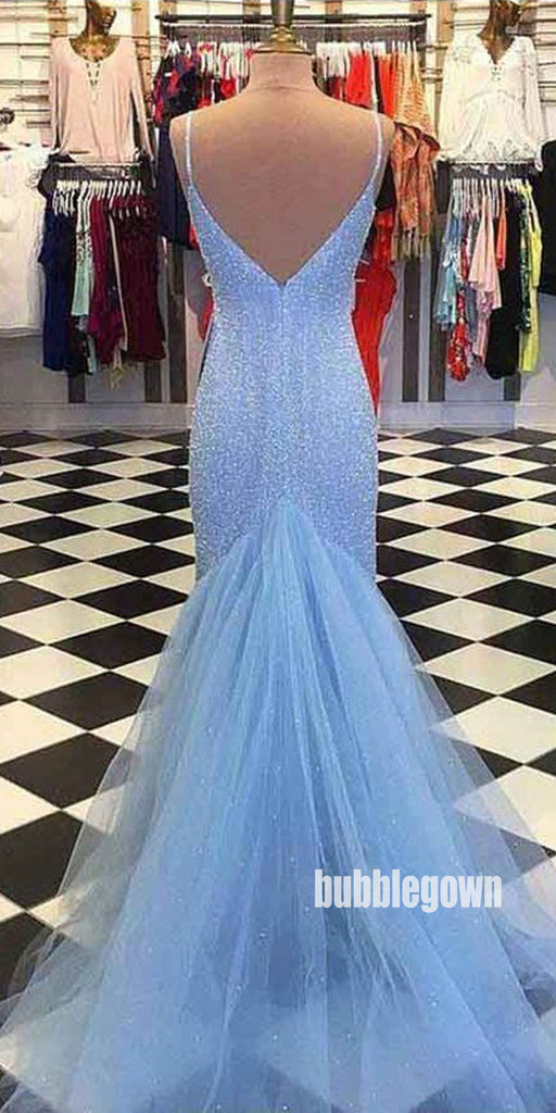 Elegant Blue Spaghetti Straps Tulle Long Prom Dresses FP1218