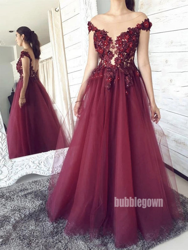 Charming Red Applique Tulle Long Prom Dresses FP1228