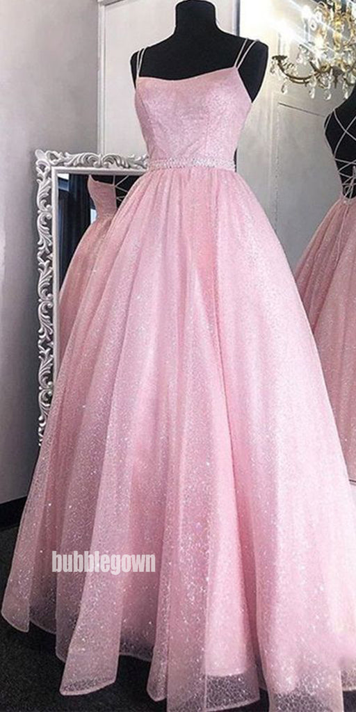 Dazzling Pink Spaghetti Straps Tulle Long Prom Dresses FP1230