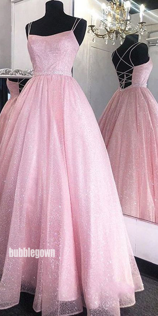 Dazzling Pink Spaghetti Straps Tulle Long Prom Dresses FP1230