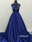 Simple Dark Blue V- neck Stain Long Prom Dresses FP1231