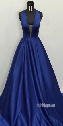 Simple Dark Blue V- neck Stain Long Prom Dresses FP1231
