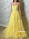 Applique Yellow A-line Tulle Long Prom Dresses FP1234