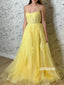 Applique Yellow A-line Tulle Long Prom Dresses FP1234