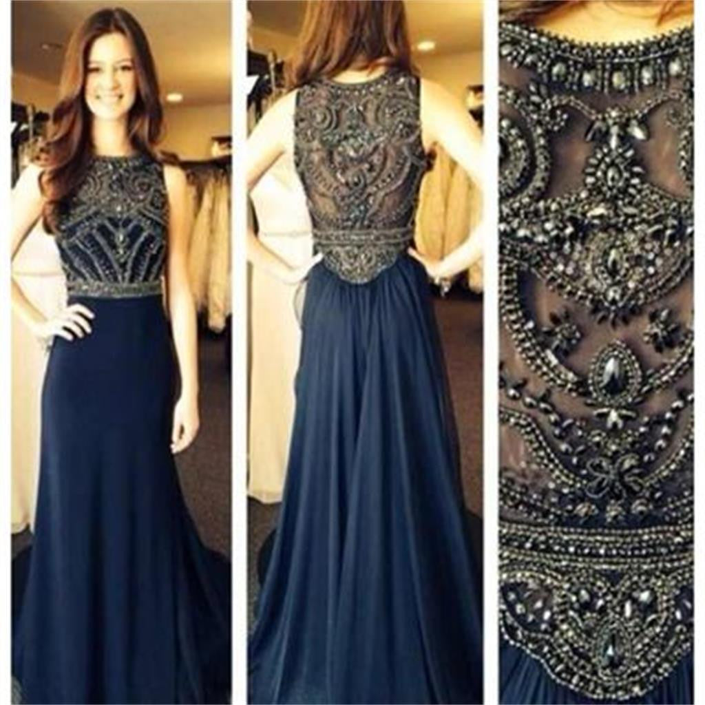 Navy Long Beaded Sleeveless Popular Long Prom Dresses, BG51153