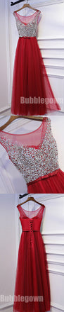 Red Tulle Formal Beaded Top Tie Up Back Cheap Long Prom Dresses, BGP009