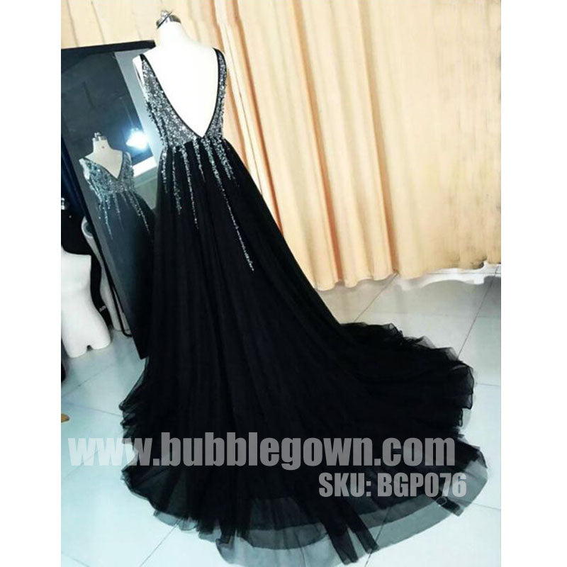 Black V Neck Popular Beaded V Back Cheap Long Prom Dress, BGP076 - Bubble Gown