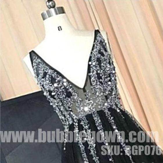 Black V Neck Popular Beaded V Back Cheap Long Prom Dress, BGP076 - Bubble Gown