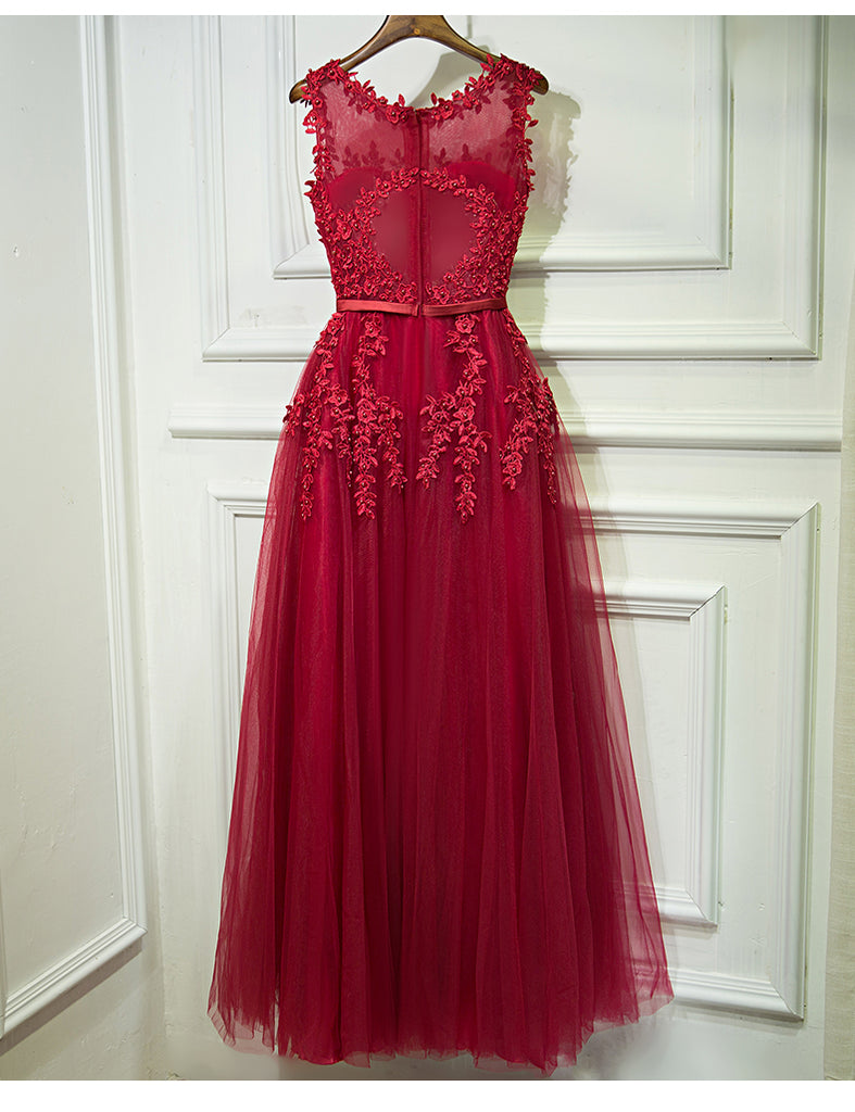 Red Formal Sleeves Tulle Applique Cheap Long Prom Dresses, BGP002