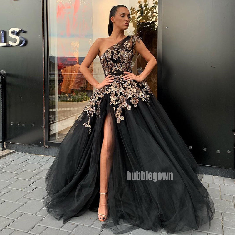 Black One Shoulder Side Slit Applique Long Prom Dresses GDW107