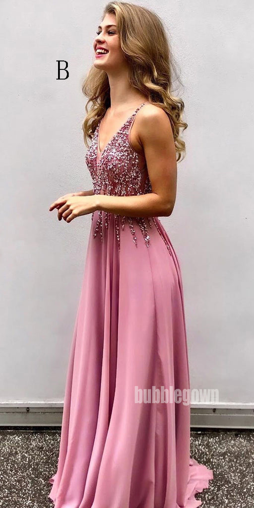 Beaded V-neck Chiffon A-line Long Prom Dresses FP1112