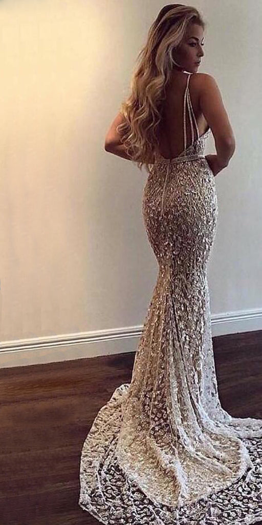 Popular V Neck Mermaid Open Back Long Evening Prom Dresses, WP018