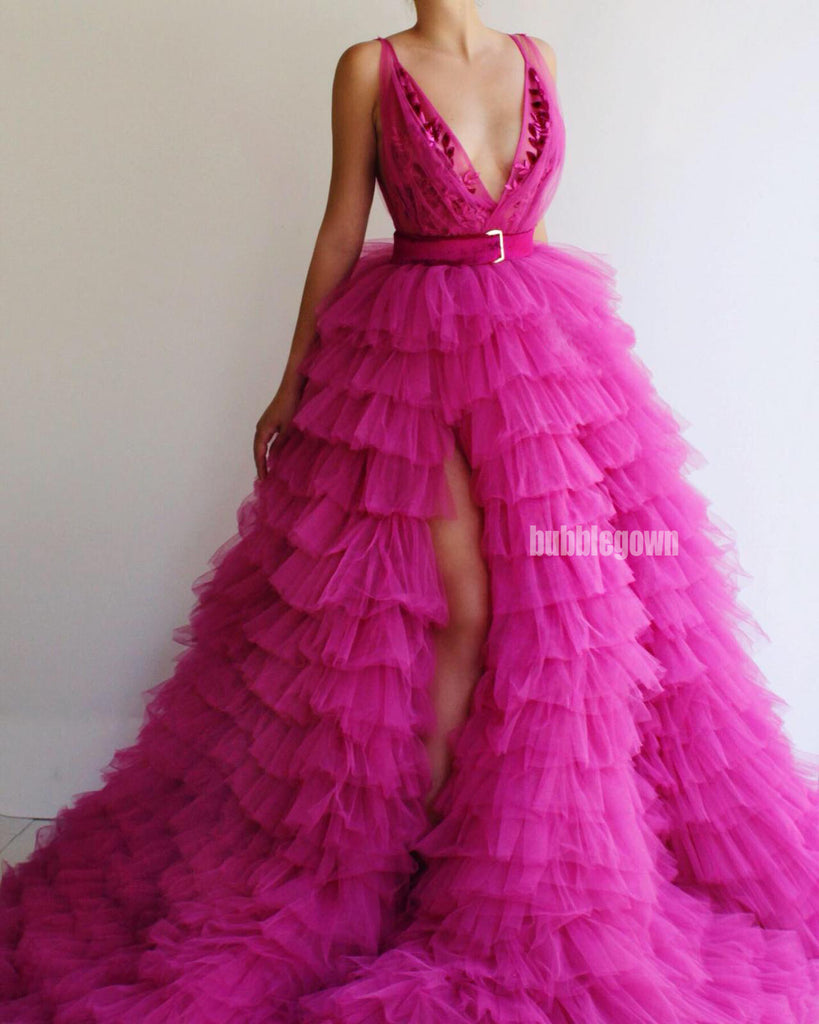 V-neck Side Split Tulle A-line Long Prom Dresses FP1122