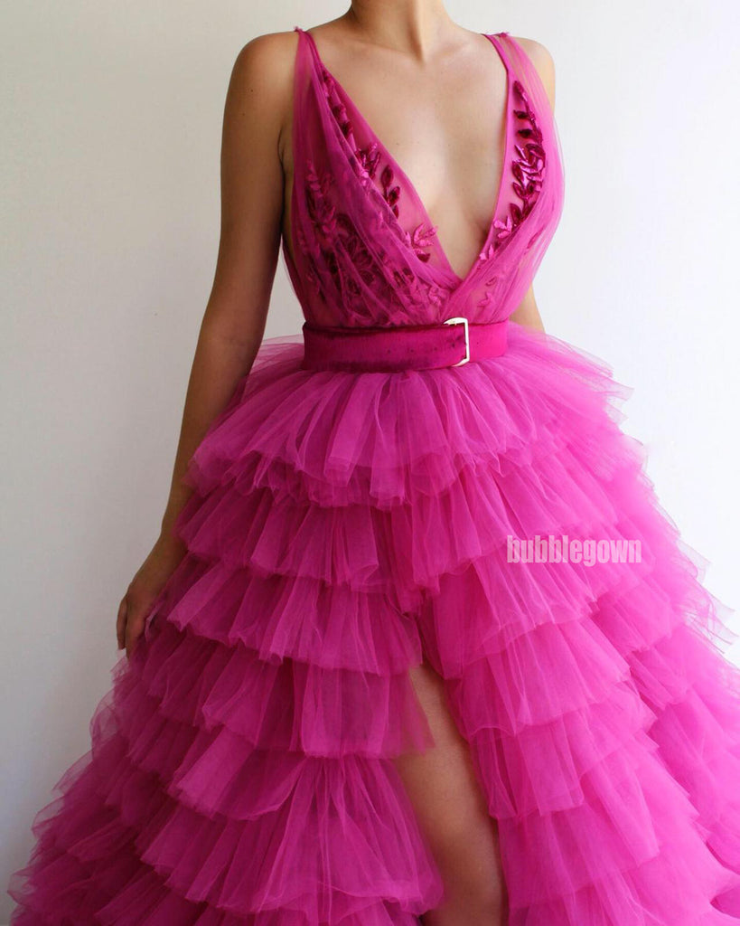 V-neck Side Split Tulle A-line Long Prom Dresses FP1122