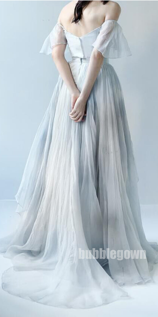 Most Popular Off the Shoulder Short Sleeves Grey Blue Gradient Long Prom Dress, BGP089