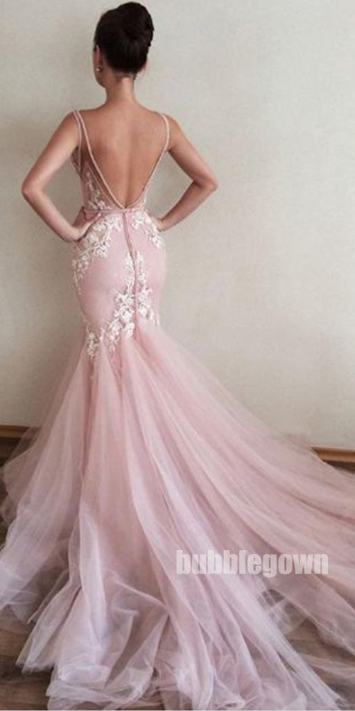 Pink V Neck Applique Tulle V Back Mermaid Inexpensive Long Prom Dress, BGP065