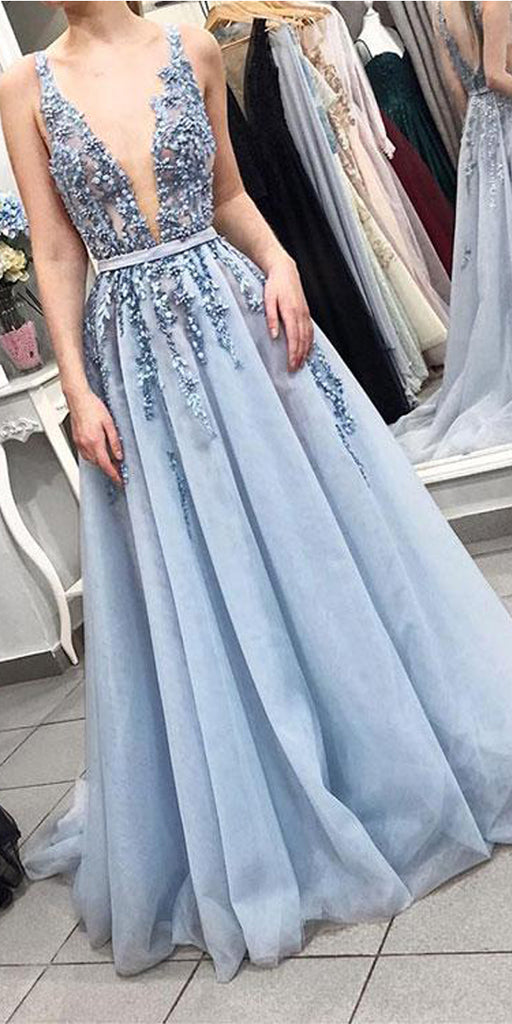 Blue Sexy Deep V Neck Tulle Applique Long Prom Dresses, BGP226