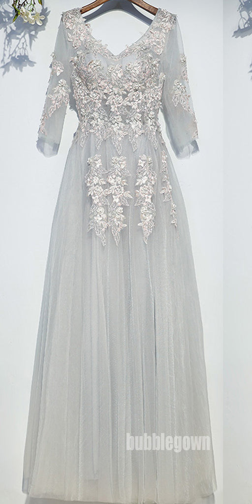 Elegant Long Sleeves Tulle Applique Light Grey Cheap Long Prom Dresses, BGP023