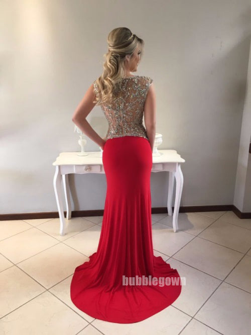 Red Side Split Beaded Top Mermaid Sexy Long Evening Prom Dress, BGP052