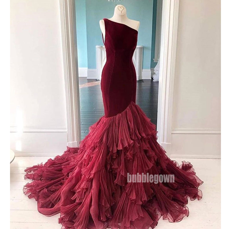 One Shoulder Mermaid Tulle Velvet Long Prom Dresses GDW111